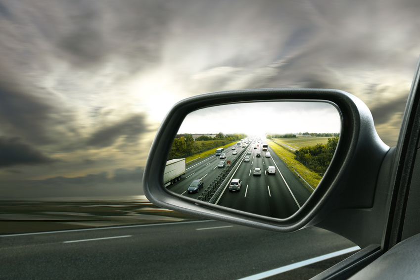 Car looking through rearview